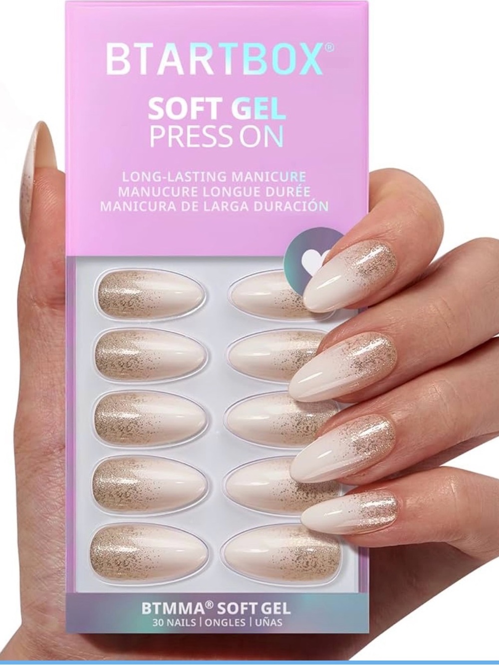 Btartbox Soft Gel Press-On Nails in Cream with Gold Glitter Medium Almond